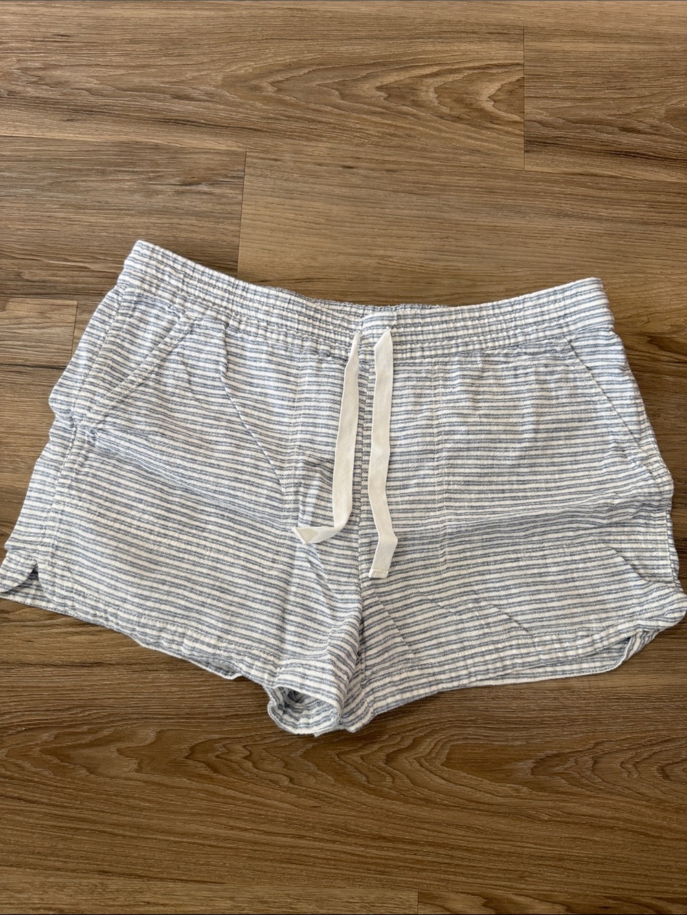 J. Crew White & Blue Striped Drawstring Linen Blend Shorts
